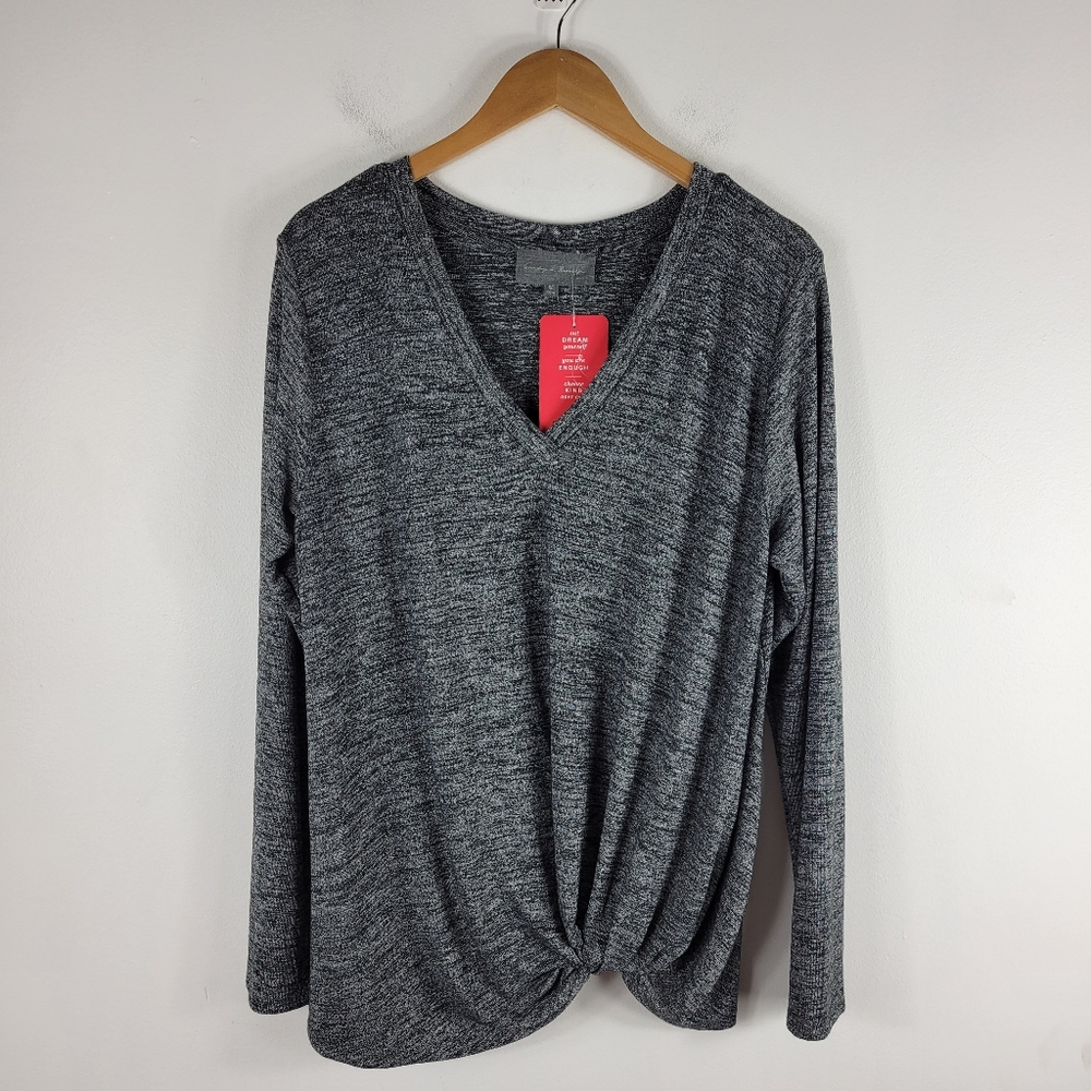 New Sunday in Brooklyn Twist Hem Ruched Front Long Sleeve V Neck Top